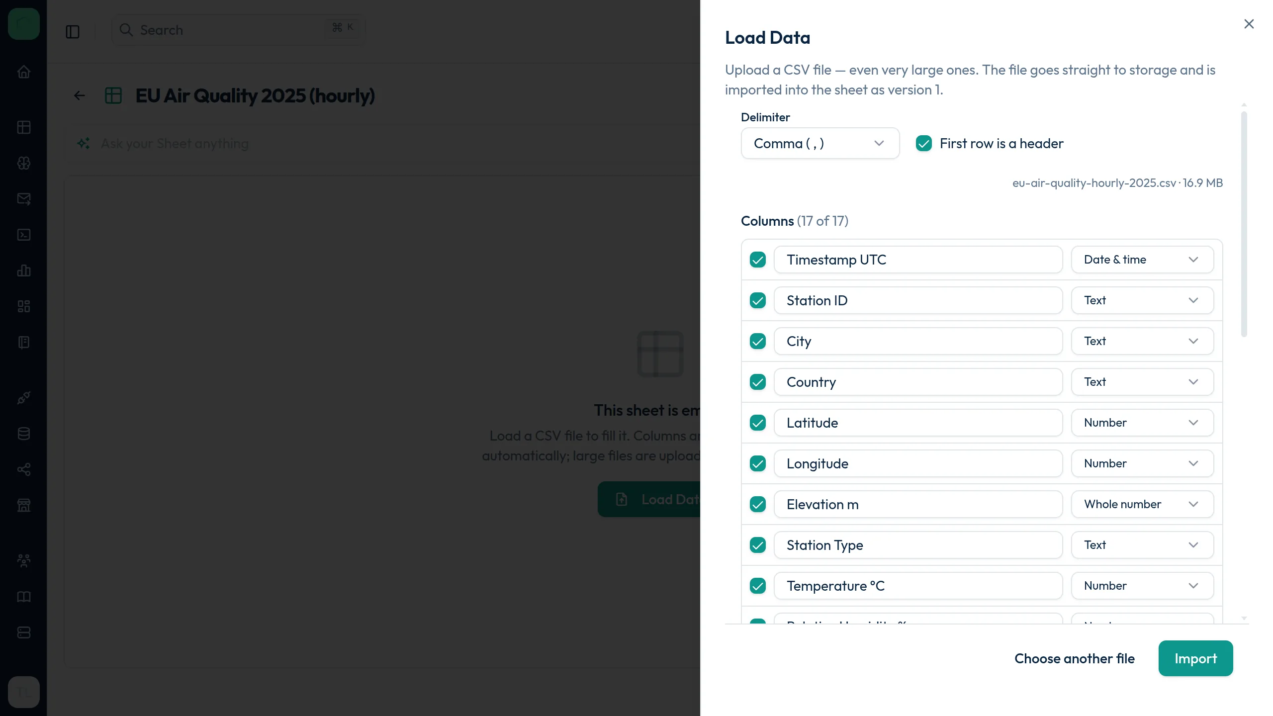 Load Data review: detected delimiter, header and column types for a 16 MB CSV