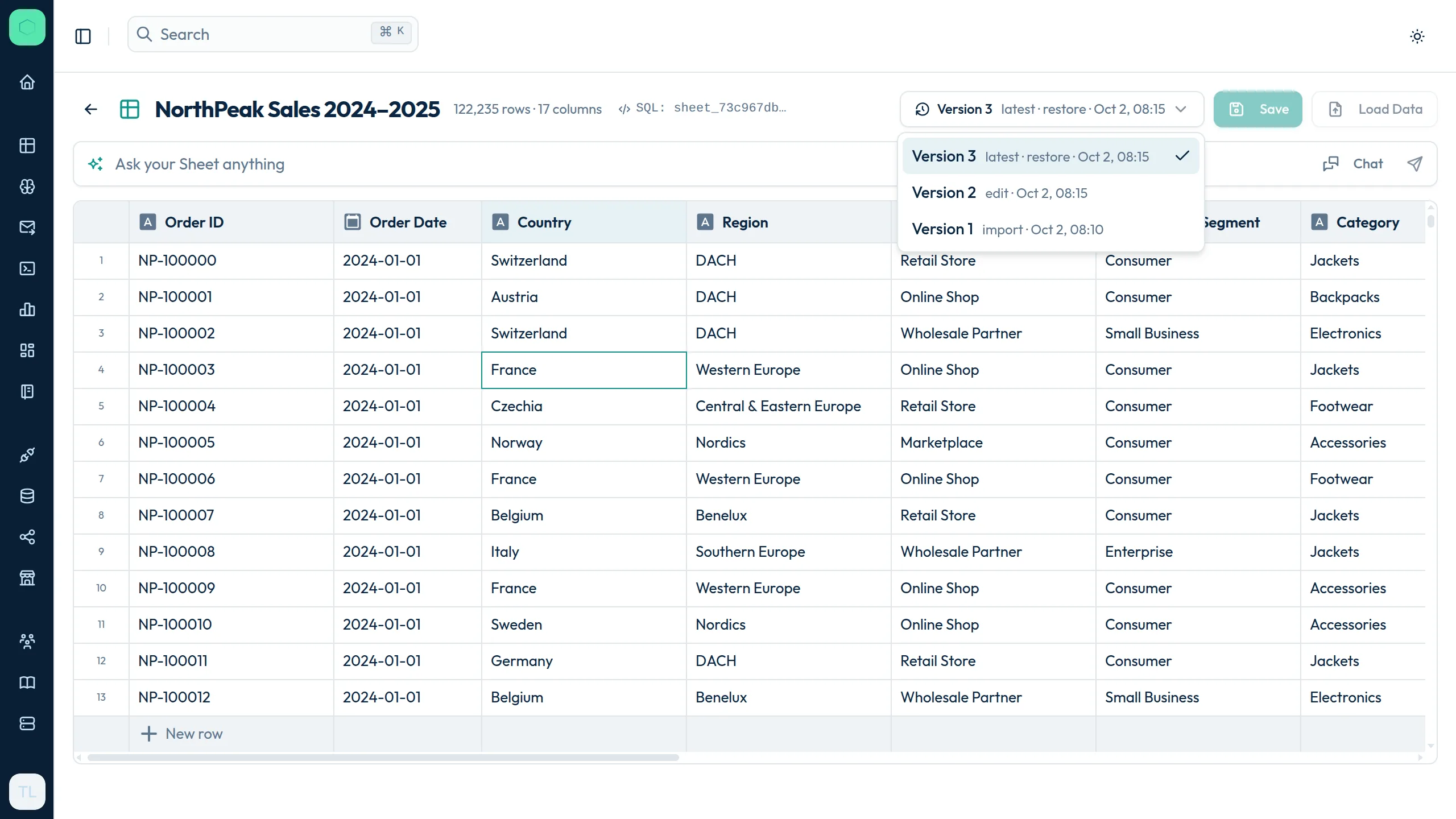 The version selector listing the import, an edit and a restore with timestamps